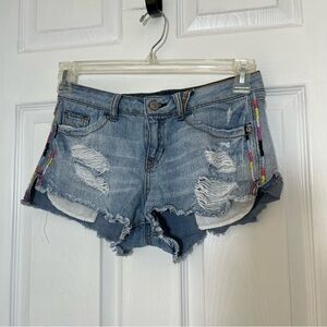 Harper Blue Distressed Low Rise Jean Shorts with Embroidery on sides